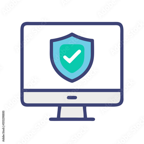 computer monitor displaying security shield with check mark on white background
