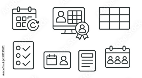 Line style icons of remote work: calendar sync icon, shared scheduling screen, meeting coordination badge, time block layout, availability tracker panel, event invite card, team calendar view.