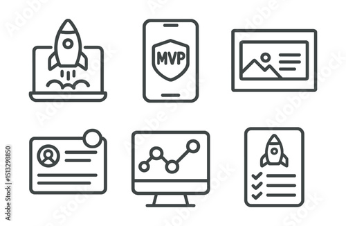 Line style icons of project management: startup project icon, MVP badge screen, pitch deck layout, early user card, feature map prototype, investment phase board, launch checklist panel.