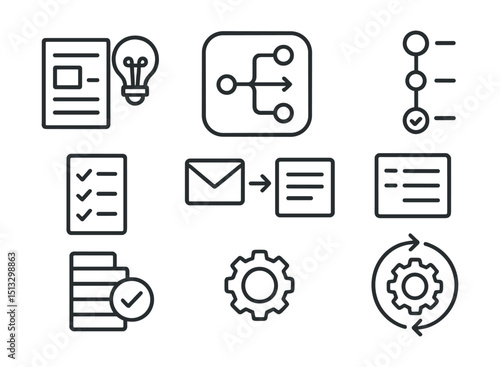 Line style icons of project management: product planning icon, roadmap view badge, release stage tracker, features list panel, feedback to product flow, product backlog icon, improvement cycle layout