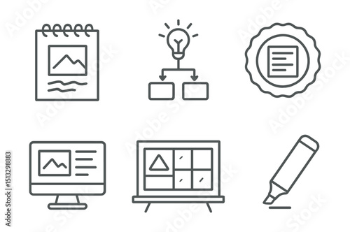Line style icons of project management: sketchpad icon, rough idea flow, hand-drawn layout badge, visual notes screen, creative sketch grid, concept illustration board, marker icon symbol.