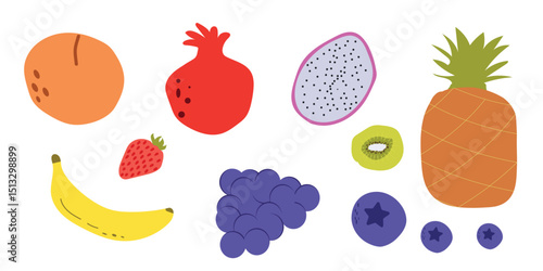Fruit and berry set simple hand drawn stile. pineapple, peach, grape, pomegranate, blueberry, kiwi, banana, strawberry, dragon fruit. Collection for summer vacation design. Vector illustration