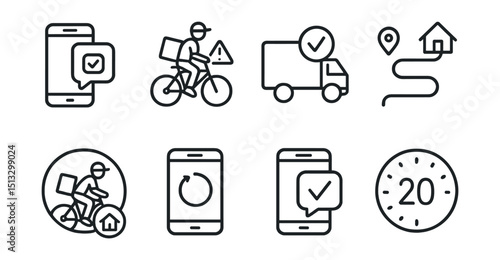 Line style icons of last mile delivery: delivery app notification, real-time courier alert, out-for-delivery status icon, final route segment, courier near home badge, app update screen, delivery