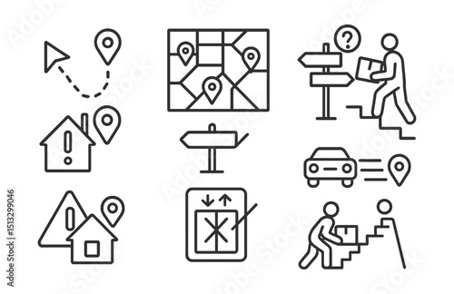 Line style icons of courier life: courier route icon, city route path, street name confusion badge, long stairs with box, wrong address alert, no elevator icon, multi-stop schedule, delayed by