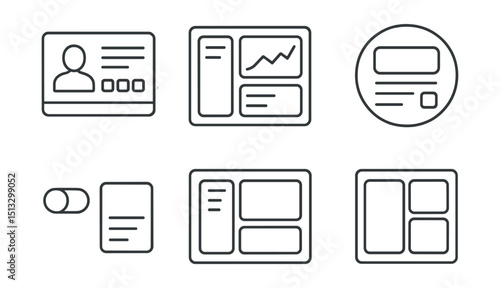 Line style icons of business innovation: business interface icon, modular dashboard screen, clean UI layout badge, toggle and card panel, widget organization board, responsive component grid.