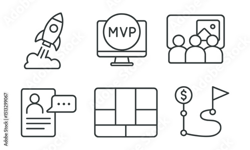 Line style icons of business innovation: startup launch icon, MVP preview badge, early-stage team screen, elevator pitch layout, lean canvas panel, funding phase tracker, founder roadmap card.