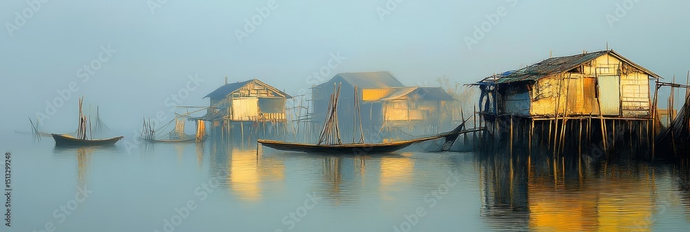 Obraz premium Stilt houses and boats on calm water under a hazy sky.