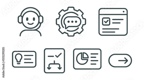 Line style icons of business innovation: AI assistant icon, chatbot automation badge, smart task screen, suggestion engine panel, adaptive workflow card, decision support layout, predictive action