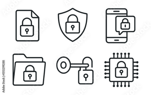 Line style icons of cybersecurity and privacy: data encryption icon, end-to-end lock badge, encrypted message screen, secure file card, private folder panel, encryption key symbol, cryptographic