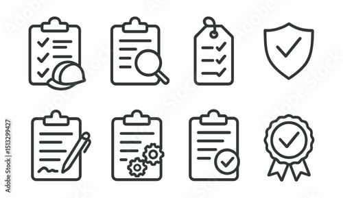Line style icons of workplace safety: safety checklist icon, inspection clipboard, daily check routine, compliance audit form, signed safety sheet, documented controls icon, verified inspection tag,