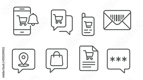 Line style icons of in-store pickup: pickup reminder notification, app alert to collect, SMS with pickup details, email with pickup barcode, push notification with address, ready for pickup message,