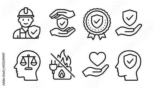 Line style icons of workplace safety: safety culture icon, hands around shield, zero incidents badge, commitment to safety symbol, workplace ethics icon, prevention over reaction, care before task
