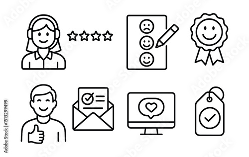 Line style icons of customer service: customer satisfaction icon, 5-star rating row, smiley feedback form, experience survey badge, happy client icon, follow-up feedback mail, thank-you reply screen,