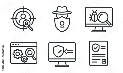 Line style icons of cybersecurity and privacy: penetration test icon, ethical hacking badge, vulnerability probe screen, system test layout, attack simulation panel, result findings card, test report