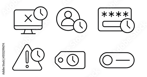 Line style icons of cybersecurity and privacy: session timeout icon, auto logout badge, idle screen timer, time-based lock panel, session expiry alert, login timeout tag, auto-disconnect toggle.