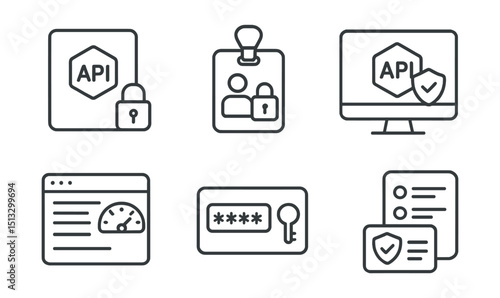 Line style icons of cybersecurity and privacy: secure API icon, token access badge, API gateway screen, rate limit layout, authentication key panel, secure endpoint card, request log viewer.