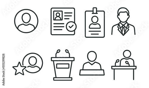 Line style icons of public speaking: speaker profile icon, event schedule with name, bio and topic badge, speaker ID badge, professional title line, featured speaker symbol, nameplate on podium,