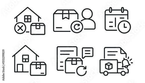 Line style icons of last mile delivery: failed attempt icon, redelivery request badge, missed delivery card, reschedule prompt icon, leave at neighbor option, retry delivery icon, note left icon,