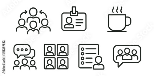 Line style icons of employee onboarding: team introduction icon, meet the team badge, welcome coffee symbol, group chat with new hire, photo grid of teammates, who’s who list, intro name tags, team