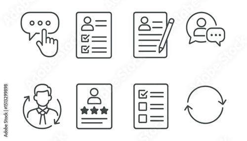 Line style icons of employee onboarding: feedback request icon, first week survey, new hire experience form, anonymous feedback icon, manager follow-up, onboarding feedback stars, response sheet,