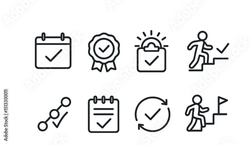 Line style icons of goals and achievements: daily accomplishment icon, micro-success badge, morning win tracker, small step check icon, building consistency symbol, routine success log, completed