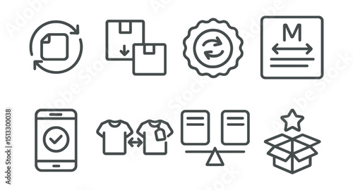 Line style icons of service logistics: exchange request icon, two boxes with arrows, item swap badge, size change form, exchange confirmation screen, product variant symbol, item comparison icon, new