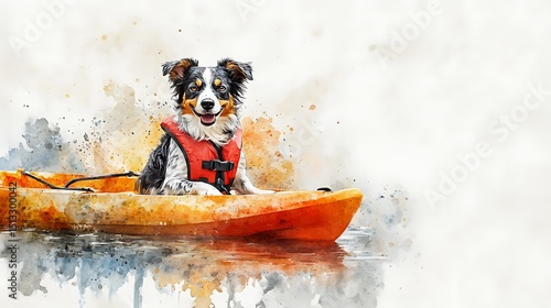 watercolor scene of cheerful dog in red life vest tail wagging on a rescue kayak painted texture joyful support theme