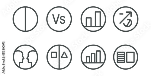 Line style icons of visual data and infographics: comparison chart icon, versus symbol ring, two-column bar chart, better/worse badge, head-to-head metric circle, product comparison ring, difference