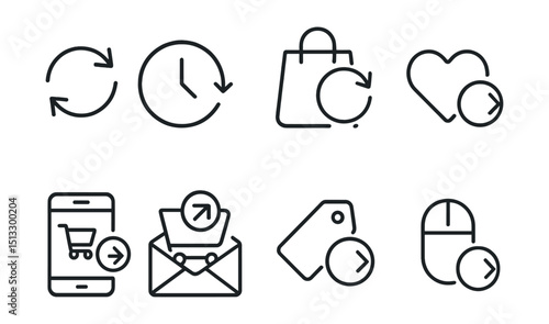 Line style icons of e-commerce journey: re-order icon, reorder from history button, buy again badge, favorite product repeat icon, quick reorder screen, reorder from email, frequent purchase tag,
