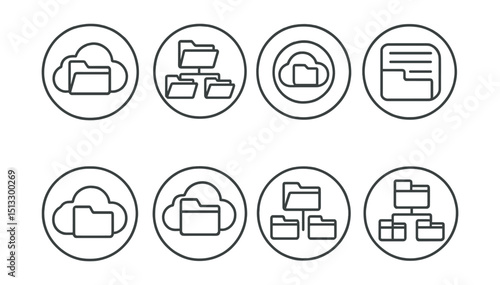 Line style icons of cloud storage: cloud folder structure icon, nested folders in cloud, folder tree ring, organized files badge, project folder symbol, subfolder inside cloud, categorized cloud