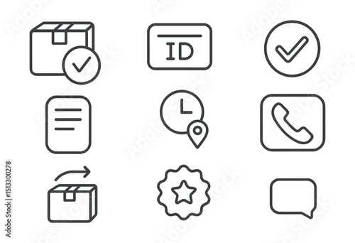 Line style icons of delivery app UI: order confirmation page, order ID icon, confirmation checkmark, summary message, estimated delivery time, contact support button, reorder this icon, success badge