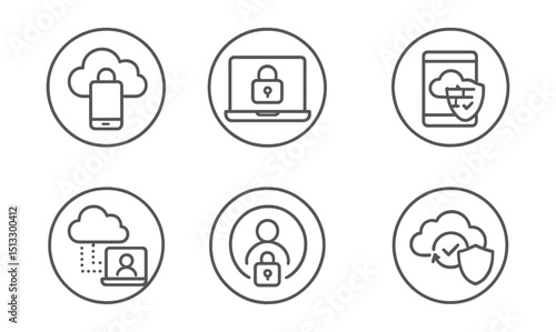 Line style icons of cloud security: device security icon, laptop with lock, phone with firewall badge, tablet protected symbol, remote device access control, safe login ring, sync with verification,