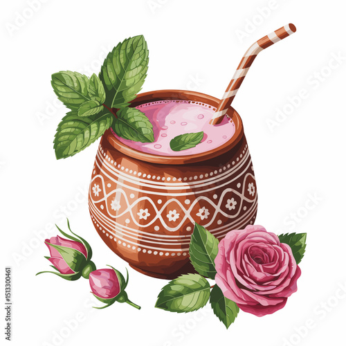 Traditional Rose Lassi with Mint in Painted Clay Pot