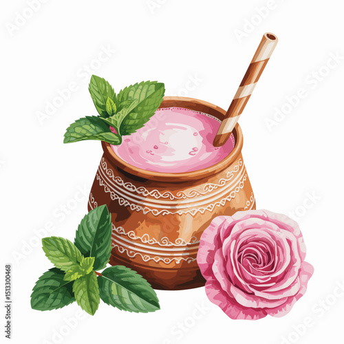 Traditional Rose Lassi with Mint in Painted Clay Pot