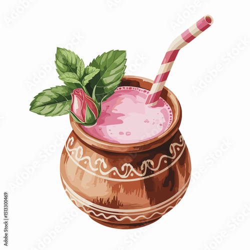 Traditional Rose Lassi with Mint in Painted Clay Pot