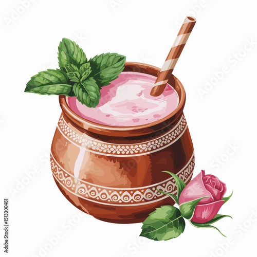 Traditional Rose Lassi with Mint in Painted Clay Pot