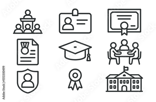 Line style icons of university life: lecture hall, student ID card, university diploma, thesis document, graduation cap, study group icon, faculty badge, campus building.