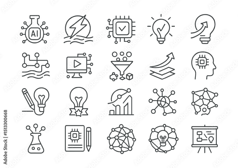 Fototapeta premium Line style icons of innovation and AI breakthroughs: AI lab icon, disruptive tech, smart system badge, idea evolution, research stream, next-gen icon, innovation funnel, experimental engine,