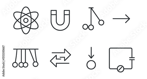 Line style icons of physics: atom structure, magnet icon, pendulum, motion arrow, Newton’s laws icon, energy transfer, gravity symbol, electric circuit.