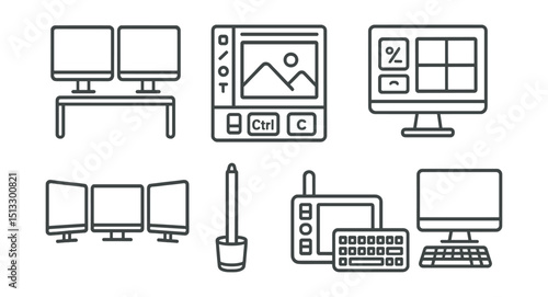 Line style icons of digital creativity: desktop with dual screens, creative software interface icon, keyboard shortcut layout, color calibration screen, multi-monitor workspace, stylus in dock,