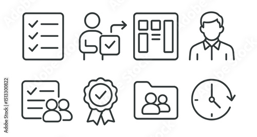 Line style icons of task distribution: to-do list icon, task delegation, workflow board, project manager avatar, shared checklist, task ownership badge, group task file, deadline arrows.