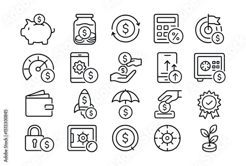 Line style icons of savings and smart money habits: piggy bank icon, saving jar, recurring savings, interest calculator, goal-based saving, savings meter, automated savings, savings transfer icon,