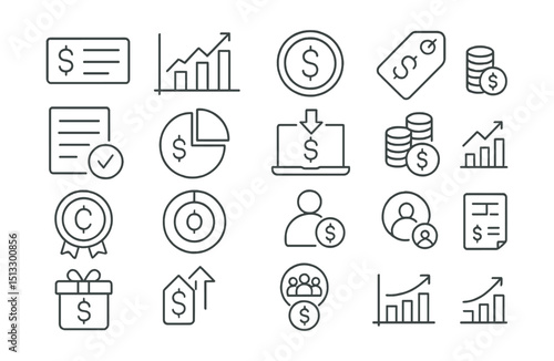 Line style icons of income, earnings, and salary: paycheck icon, income stream chart, hourly rate badge, passive income tag, freelance invoice icon, salary breakdown, direct deposit icon, earned
