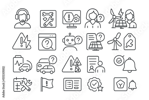 Line style icons of technical support and energy services: customer support headset, maintenance request icon, troubleshooting panel, help ticket badge, energy advisor avatar, real-time issue alert,
