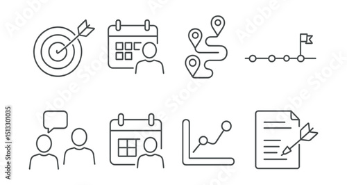 Line style icons of employee onboarding: goal setting icon, first 30 days plan, learning roadmap symbol, key milestones timeline, feedback checkpoint icon, first review meeting, probation period