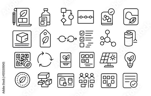 Line style icons of sustainable product design and development: eco design sketch, clean product layout, R&D flow, packaging idea tile, prototype card, material tag icon, development timeline, test