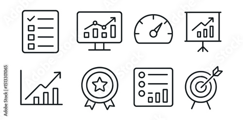 Line style icons of goals and achievements: tracking metrics icon, progress dashboard screen, performance gauge, key indicator chart, momentum line symbol, progress ring badge, scorecard overview,