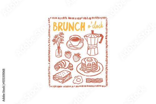Brunch o'Clock Hand- Hand drawn brunch illustration with coffee, pancakes, croissant, and other breakfast items Illustration 