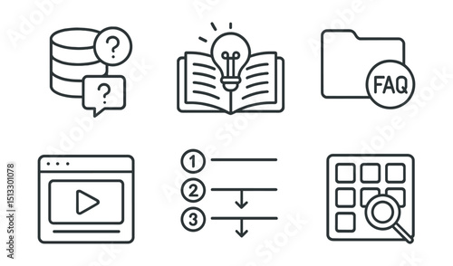 Line style icons of customer service: knowledge base icon, help article book, FAQ folder badge, self-service guide symbol, tutorial page icon, video instructions tag, step-by-step answer, searchable
