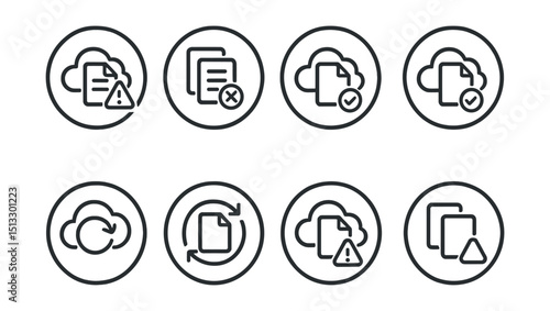 Line style icons of cloud storage: duplicate file alert, same name conflict icon, overwrite file badge, version control symbol, choose file version ring, resolve sync issue icon, cloud file conflict